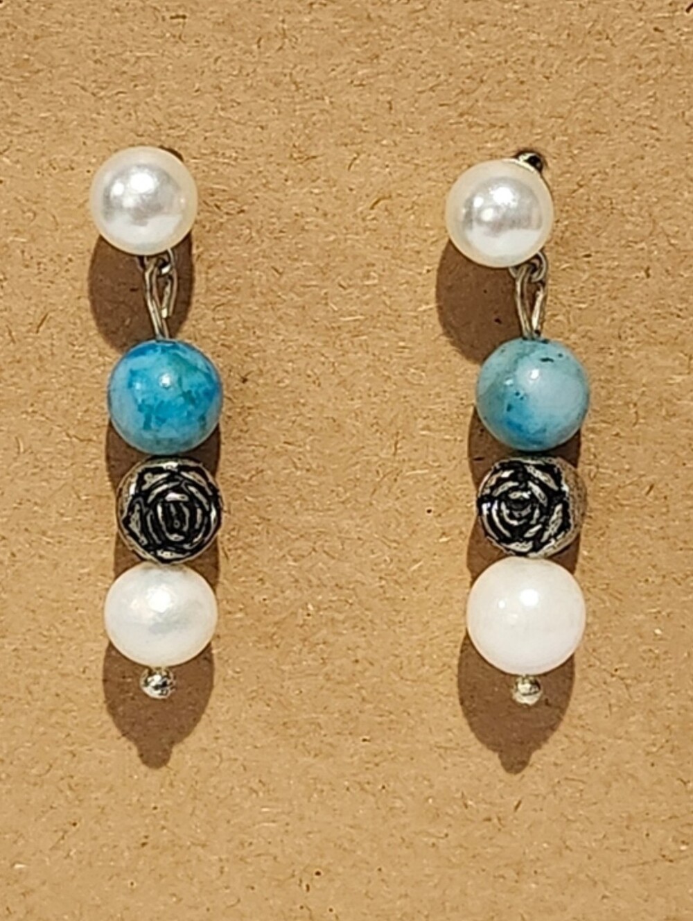 Pearl and Turquoise Drop Earrings with Silver Rose Accent